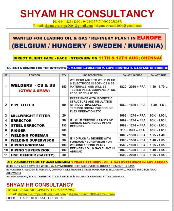 WALK IN INTERVIEW AT CHENNAI FOR EUROPE