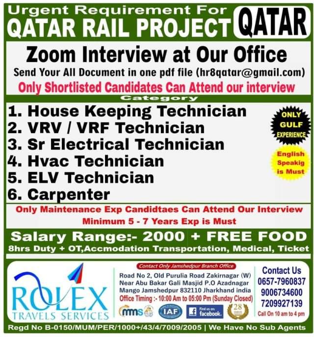 WALK IN INTERVIEW AT JAMSHEDPUR FOR QATAR
