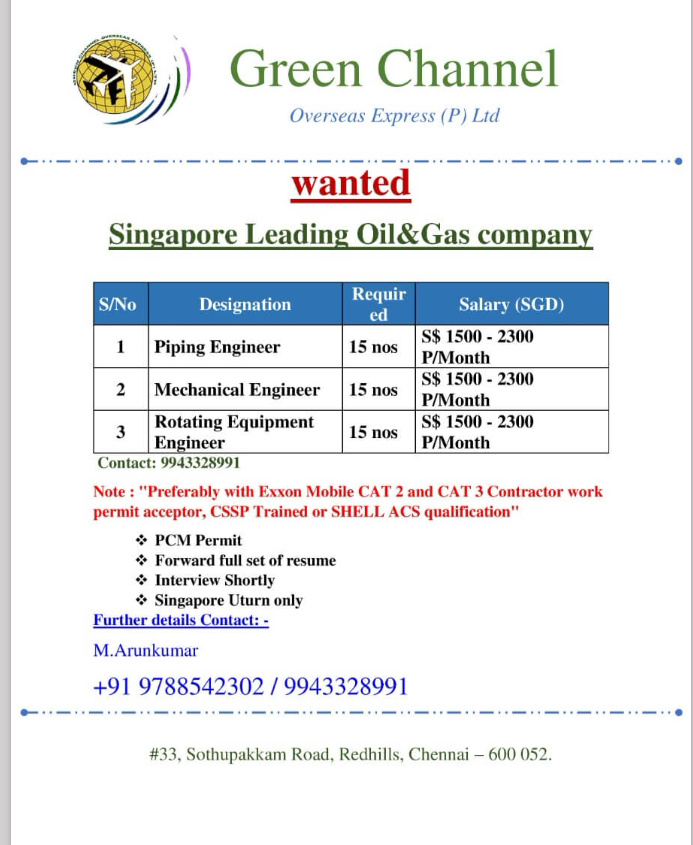 WALK IN INTERVIEW AT CHENNAI FOR SINGAPORE
