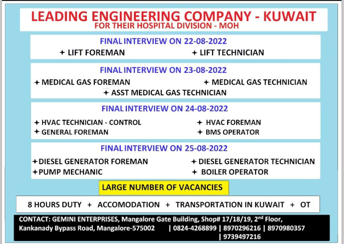 WALK IN INTERVIEW AT BANGALORE FOR KUWAIT