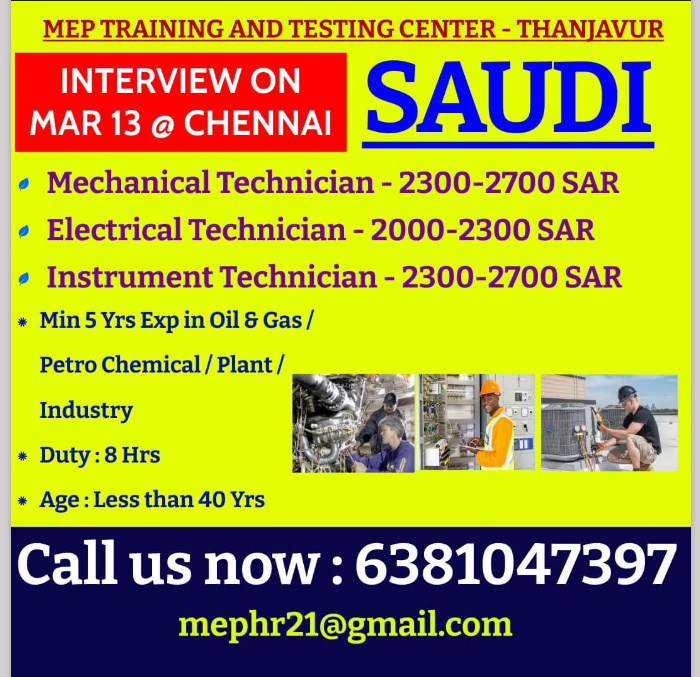 WALK IN INTERVIEW AT CHENNAI FOR SAUDI