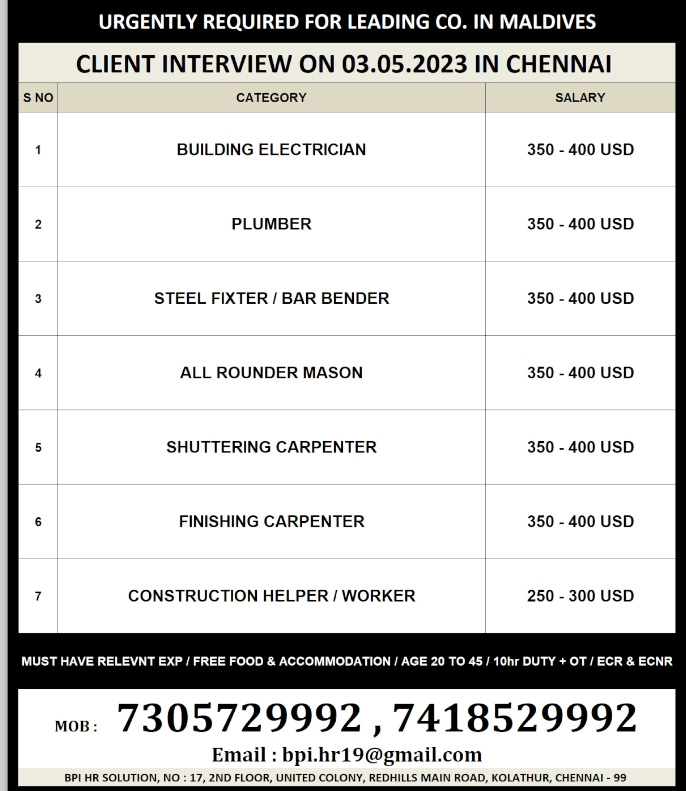 WALK IN INTERVIEW AT CHENNAI FOR MALDIVES