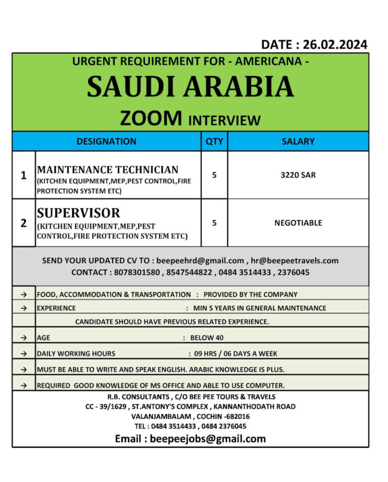 WALK IN INTERVIEW AT COCHIN FOR SAUDI ARABIA